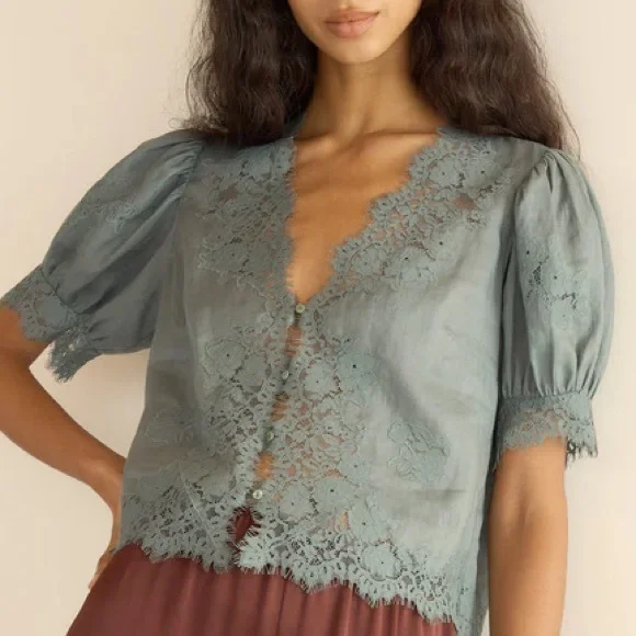 NWT Doen Idella Ramie Lace V Neck Button Short Sleeve Blouse Top Lagoon Blue - Picture 1 of 14